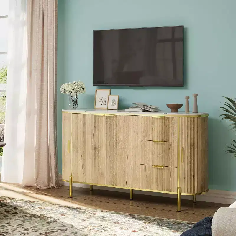 59in Large Sideboard Buffet Cabinet, Modern Fluted Cupboard Coffee Bar Oval Wood TV Console Cabinet with 3 Drawers, Blue