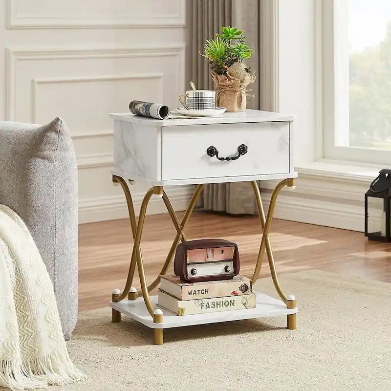 Modern 3-piece Coffee Table, Sofa Table & 1-drawer Nightstand Set of 2(Brown/Black/White)