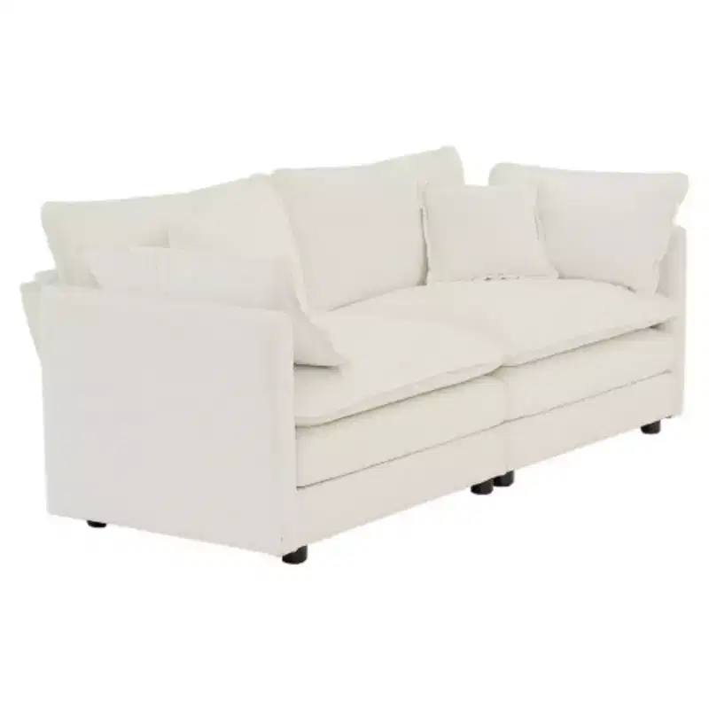 Modern Fabric Loveseat Sofa Couch for Living Room, Upholstered Large Size Deep Seat 2-Seat Sofa with 4 Pillows ,White Chenille