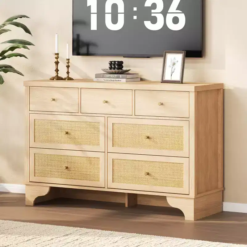 7-Drawer Buffet Cabinet Black Rattan Accents Wooden Sideboard Storage for Living Room Entryway Modern Organizer
