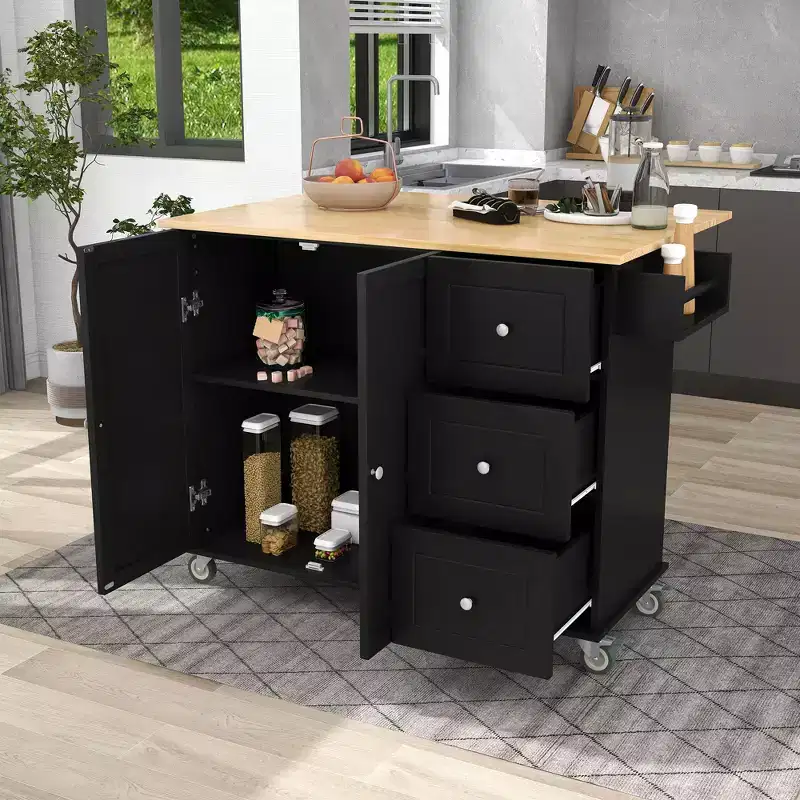 Modern Kitchen Island Cart with Racks and Drawers, Rolling Mobile Kitchen Cart with Drop Leaf