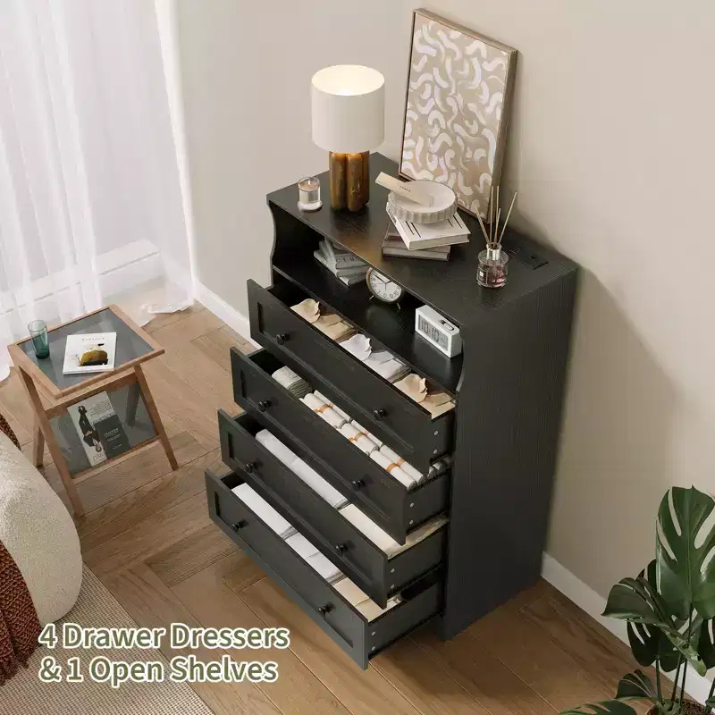 Wood 4-Drawer Dresser with LED Lights & Charging Station