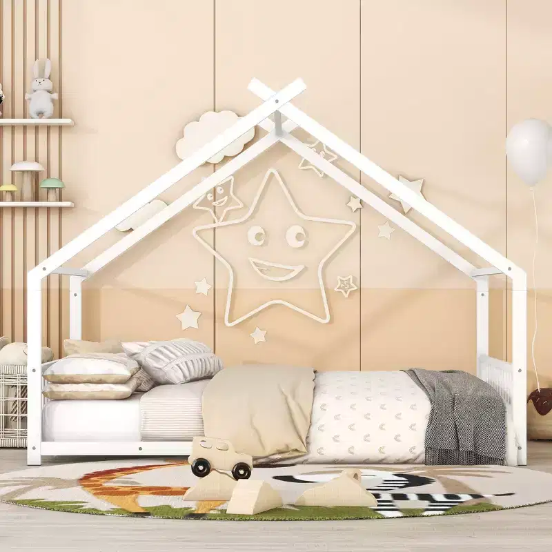 Okak Full Size Bed Frame with Storage, Full Size Bed Frame for Kids, House-Shaped Metal Platform Bed with Twin Size Trundle, White