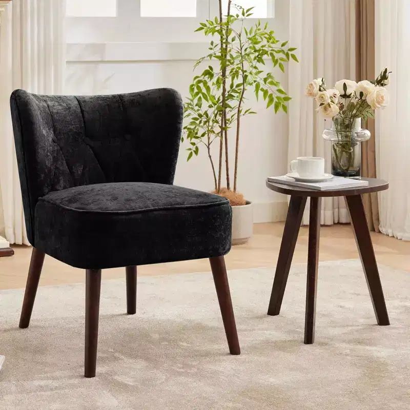 Modern Accent Chair, Upholstered Armless Lounge Chair with Tufted Fabric and Wood Legs, Reading and Makeup Vanity Side Chair Light Tan