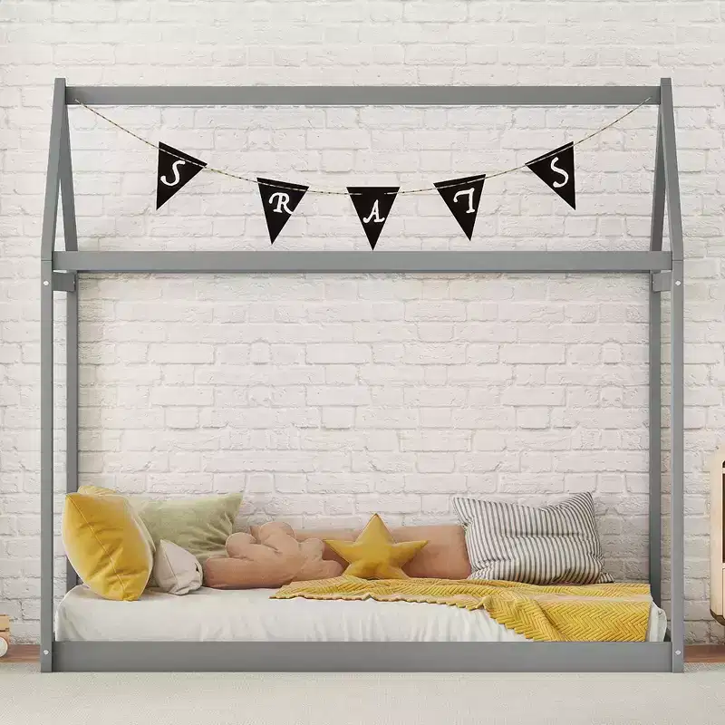 House Bed Frame With Roof, Twin Size Wooden House Bed Floor Beds, Fun Playhouse Bed Frames, For Kids Girls & Boys