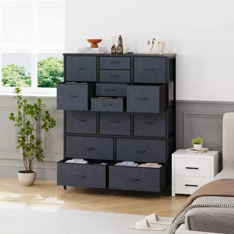 15-Drawer Fabric Storage Tower, Tall Dresser with Steel Frame and Wood Top for Bedroom Closet Hallway Organization