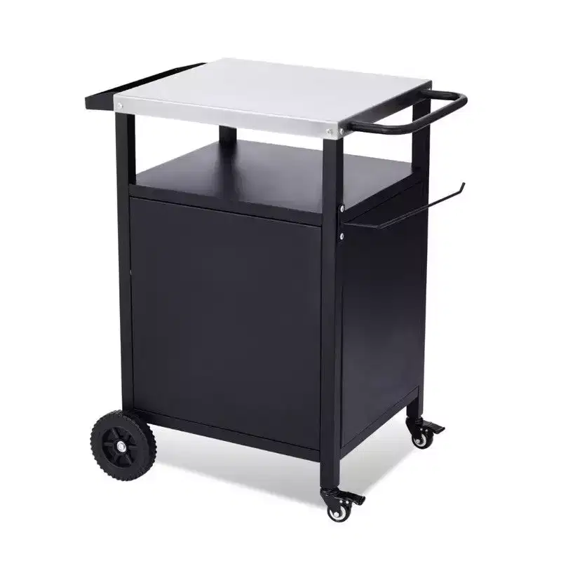 Karl Home 4-Wheel Black BBQ Cart with Stainless Steel Top, Single-Door Cabinet Grill Station