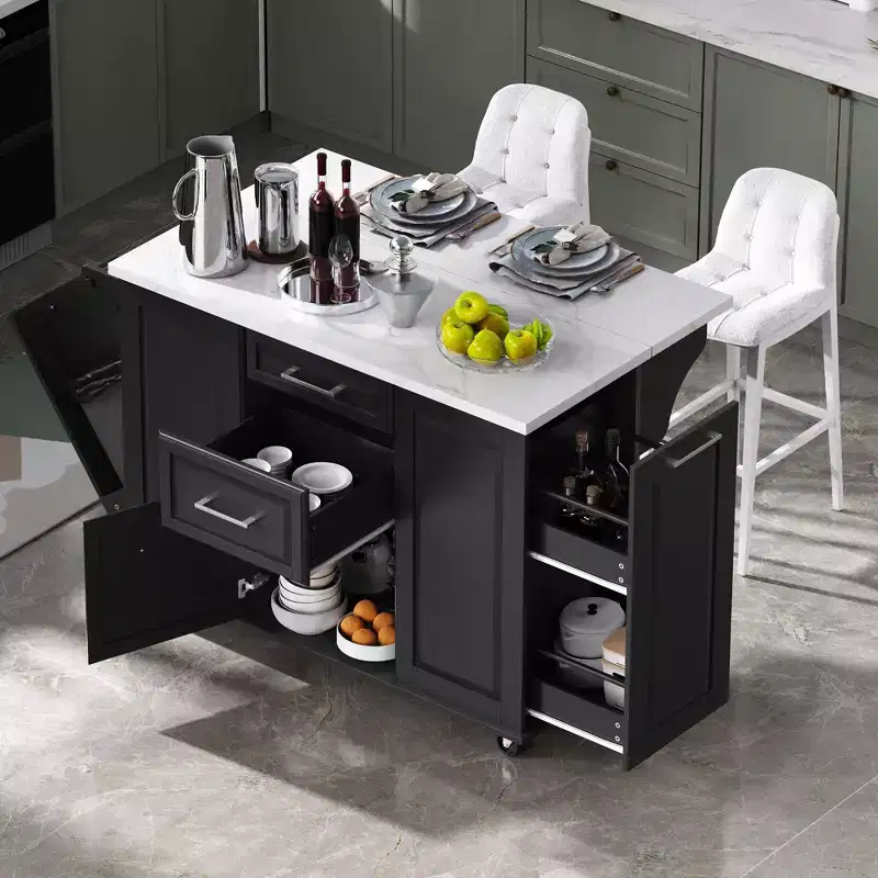 Modern Kitchen Island with Drop Leaf & Pull-Out Trash, Rolling Cart with Wheels & Drawers