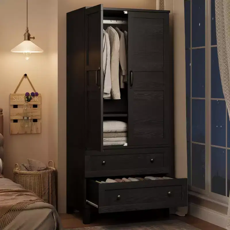 COZONY 72 Armoire Wardrobe Closet with 2 Doors & 2 Drawers, Wooden Clothing Storage Cabinet with Hanging Rod & Adjustable Shel