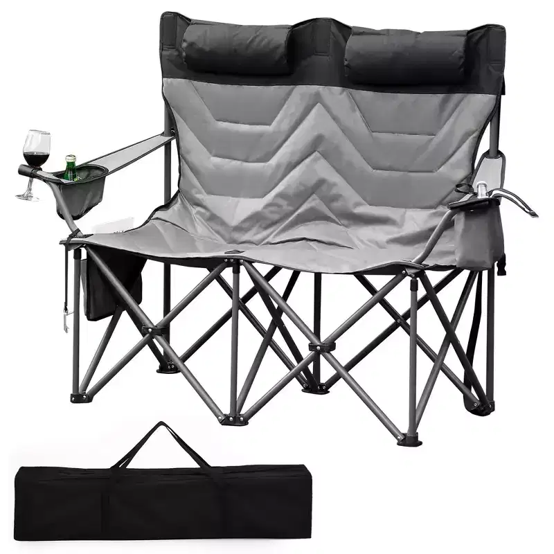 Camping Chair for 2 Adults Heavy Duty Folding Outdoor Loveseat, High Back Support, Padded Seat, Headrest, Cooler Pouch, Cup Holders, 700 lbs Capacity
