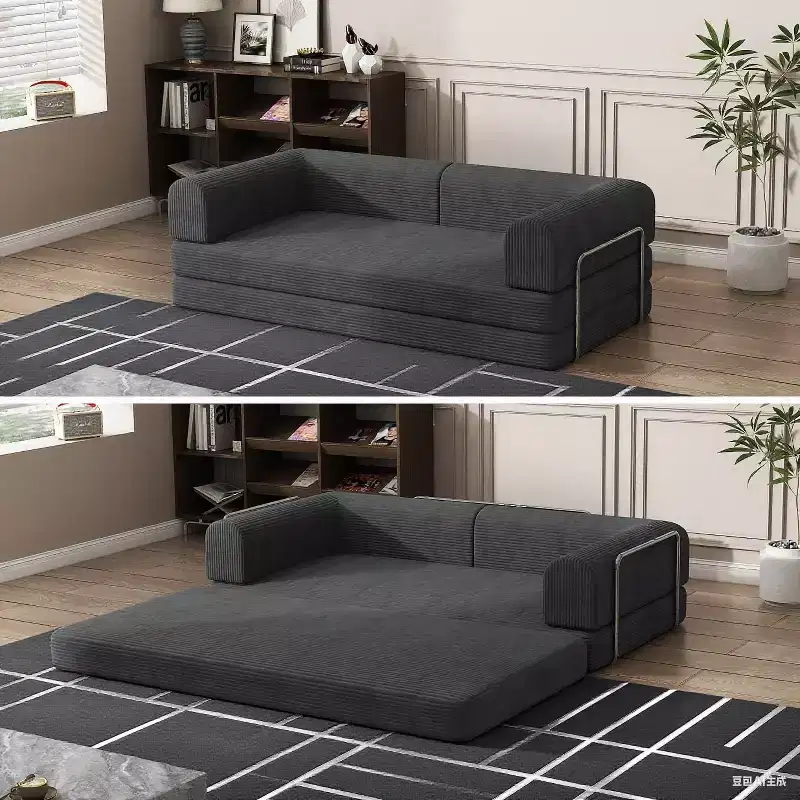 Convertible Corduroy Sleeper Sofa Bed,Folding Mattress Couch with Fixed-Shape Frame, 3 Seater Fold Out King Size Futon,No Assembly Floor Couch