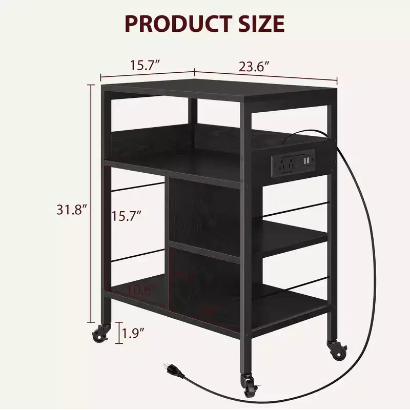 3-Tier Rolling Printer Stand with Storage & Charging Station, Mobile Printer Cart with 4 Outlets & 2 USB Ports, Multi-Level Organizer for Home Office