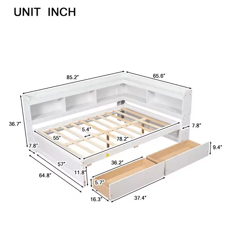 Bellemave Full Size Corner Bed Frame with Storage Drawers,Daybed with L-Shaped Bookcases,Corner Daybed Full Size for Kids Teens Adult,White