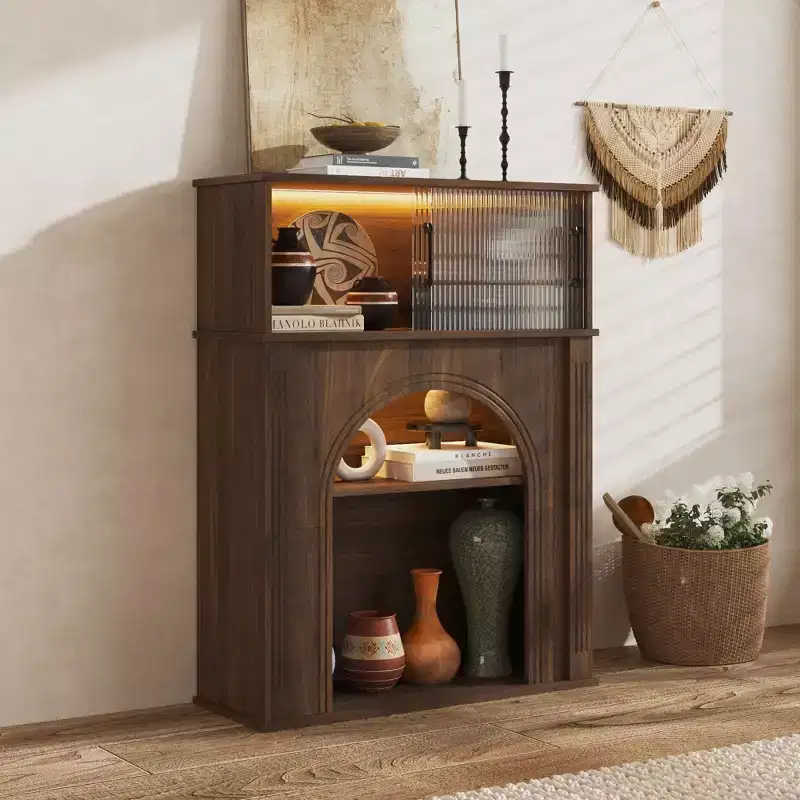 Famapy Dark Walnut Accent Cabinet with Fluted Glass & Adjustable LED Lighting
