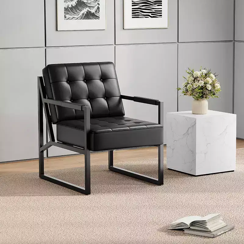 Mid Century Modern Accent Chair, PU Leather Upholstered Armchair with Thick Cushion & Sturdy Metal Frame, Retro Lounge Chair for Living Room Bedroom