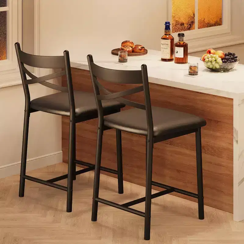Set of 2 Counter Height Bar Stools with Back, Upholstered Faux Leather Bar Chairs with Thick Cushion and Footrest