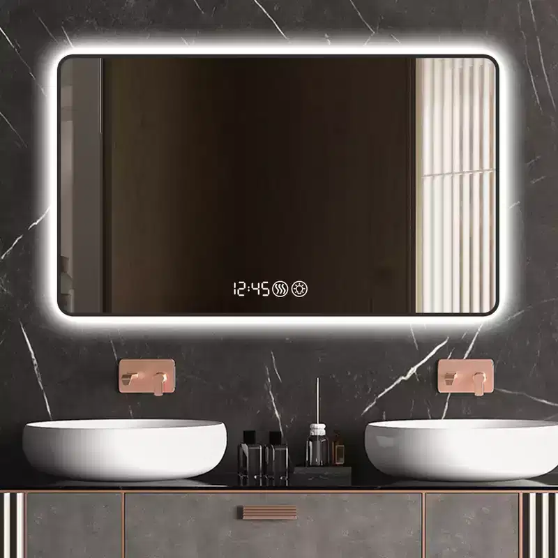 Okak Wall Mount Bathroom Mirror with Round Corner, Defogging Vanity Mirror with Temperature Display, Wall Mirror for Bathroom
