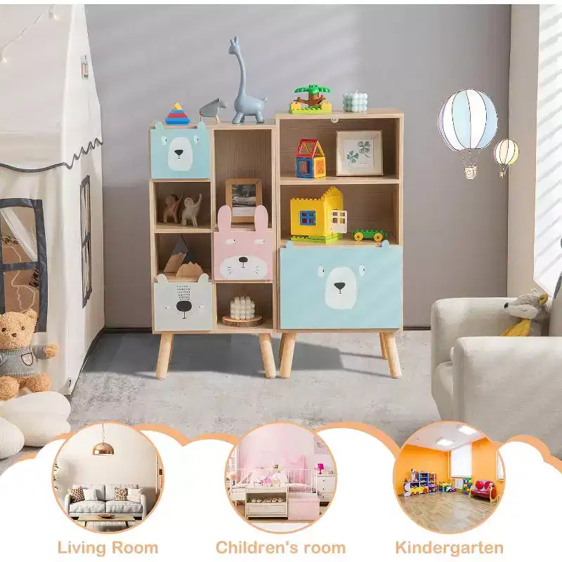 Costway Kids Bookcase Toy Storage Organizer Children Storage Cabinet with 3 Slide Drawers 4 Cubes Wooden Bookshelf for Toddlers Classroom