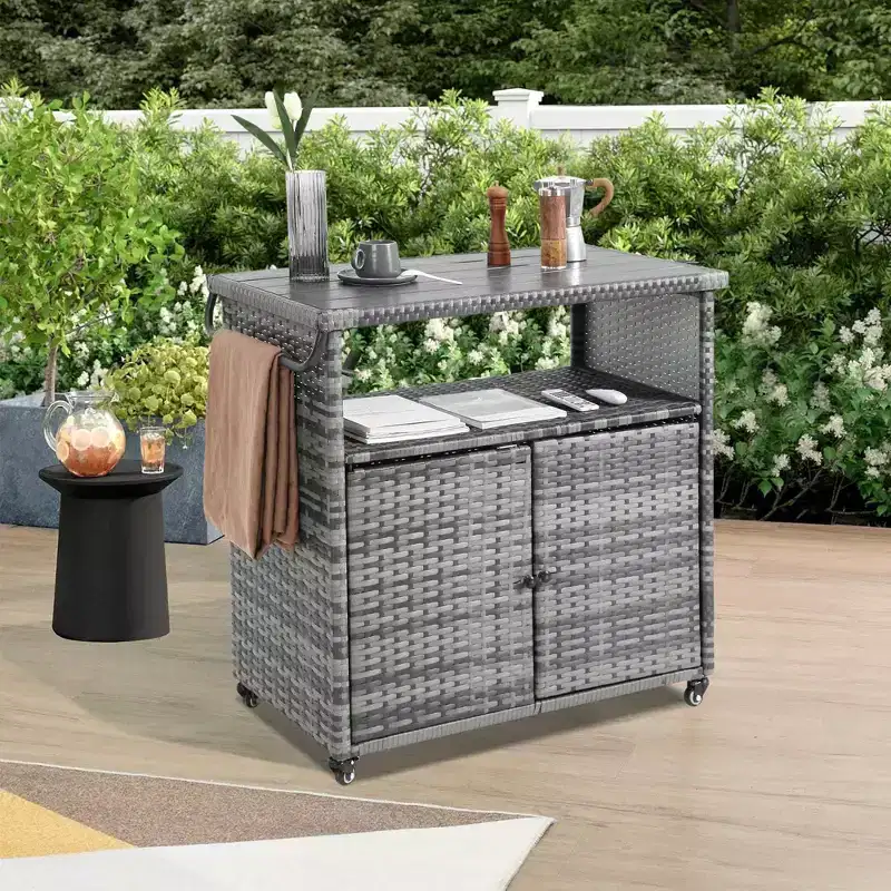 NAYSAYE Bar Serving Cart Outdoor Wicker Wine and Beverage Counter with Glass Top for Patio , Gray, 35.2*20.6*34.2