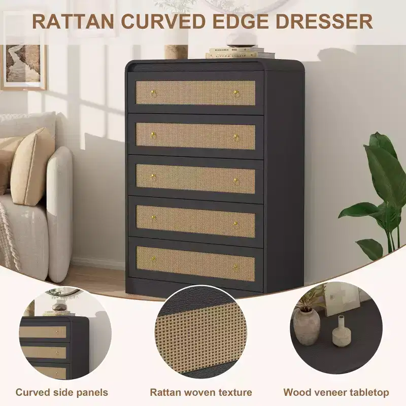 5 Drawer Dresser for Bedroom, 44H Wooden Chest of Drawers, Modern Clothes Storage Organizer, Dresser Narrow Nightstand for Bedroom