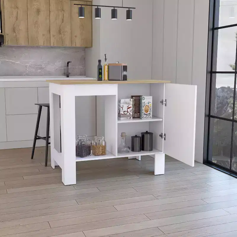 Okak Kitchen Island with Storage Cabinet Door, Countertop Organizer with 2 Internal Shelves and 1 Open Shelf, Small Kitchen Island for Kitchen, White