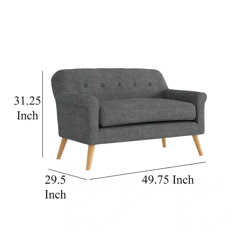 Curved Loveseat with Button-Tufted Back, Gray Fabric and Wood Legs