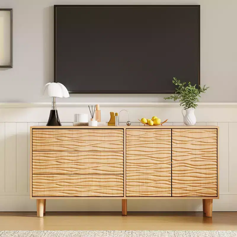 61 in. Mid-Century Modern Sideboard Buffet with 3 Drawers and 2 Doors, Natural Wood