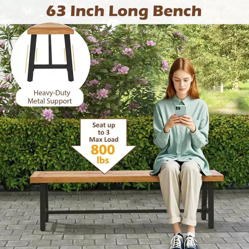 Costway 63 Inch Patio Bench Set of 1/2, Acacia Wood Long Dining Bench w/ Heavy-Duty Metal Legs
