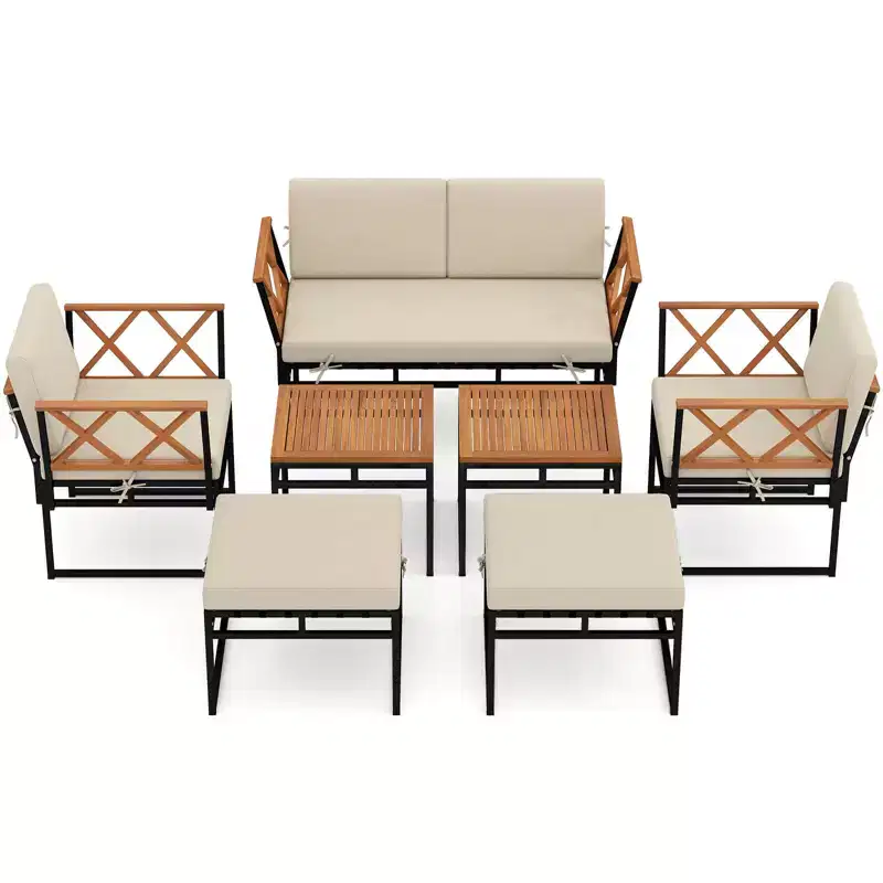 Costway 7 PCS Outdoor Conversation Set Acacia Wood Chairs & Coffee Tables Set with Ottomans