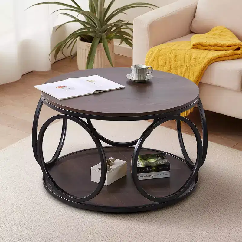 2-Tier Industrial Round Coffee Table with Metal Frame – Walnut, 31.5