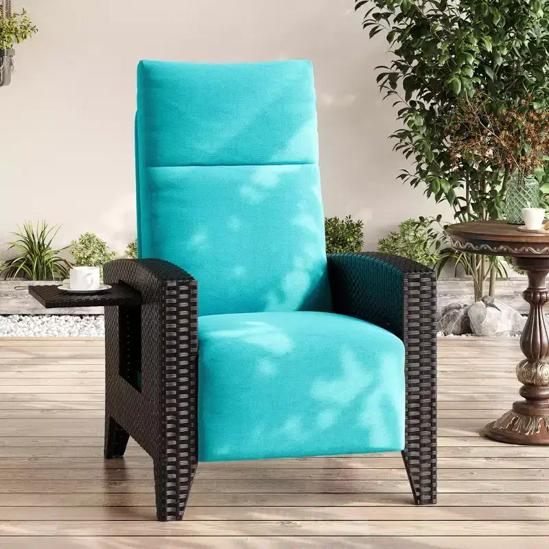 Wicker Recliner Chair with Adjustable Back & Footrest,150 Lay Flat Rattan Reclining Patio Chair with Extendable Side Table & Air Pump