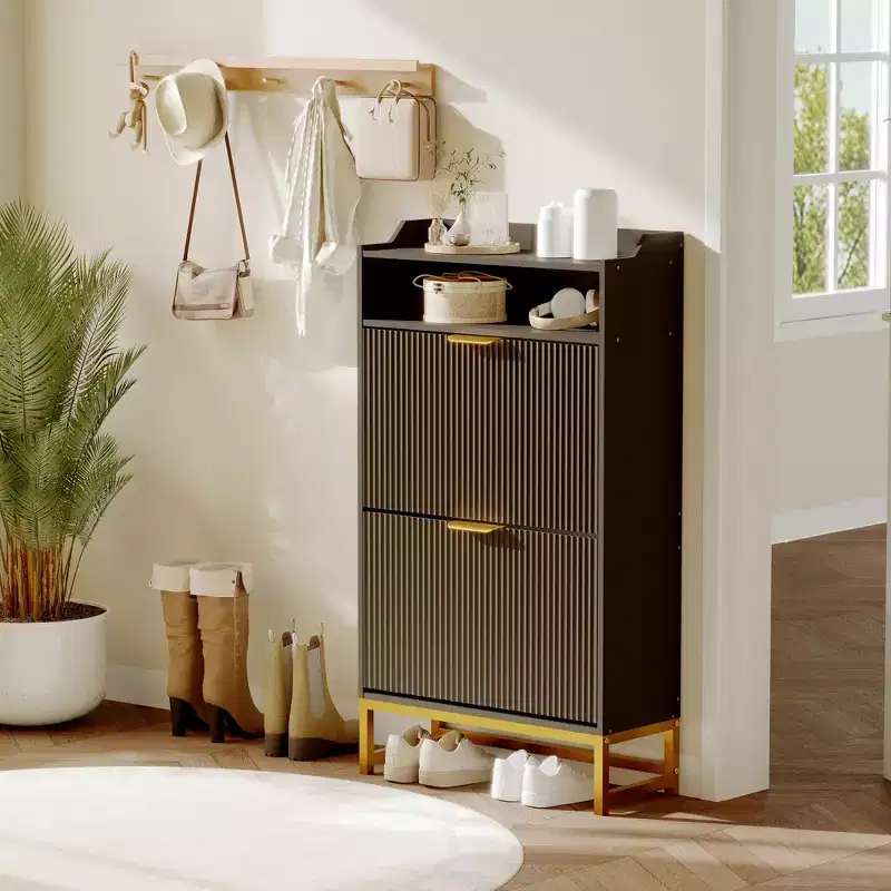 Fluted Shoe Cabinet  2-Flip Drawer & Open Shelf Entryway Organizer for Hallway/Foyer