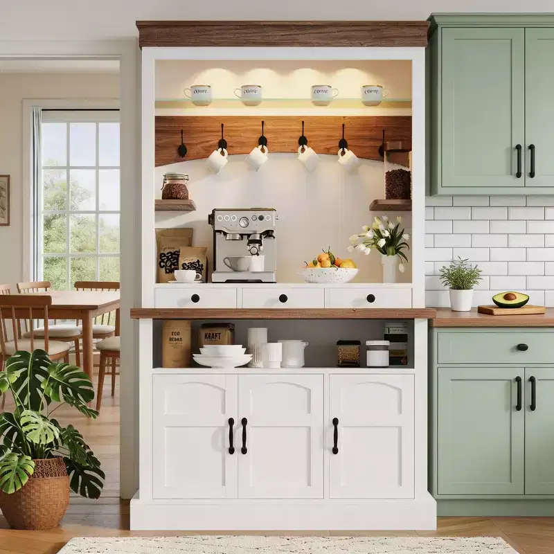 Bar Cabinet with LED Light, 72 in Farmhouse Coffee Bar Hutch with Storage, Sideboard Buffet Cabinet with Microwave Stand/Glass Shelf/6 Hooks/3 Drawers