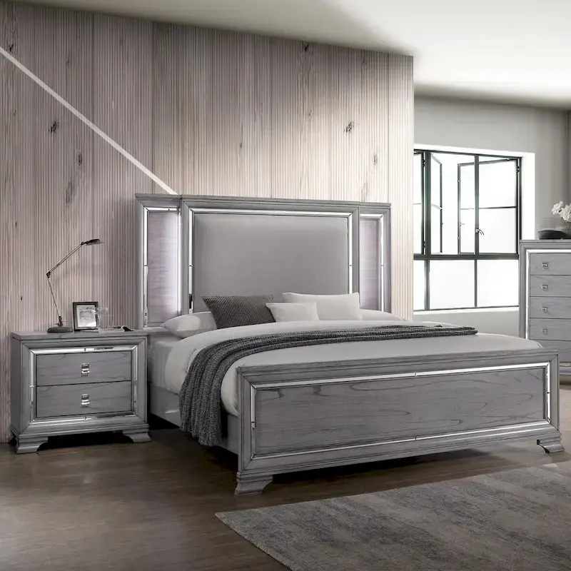 Contemporary Grey 2-Piece Panel Bed and Nightstand Set with LED Lighting