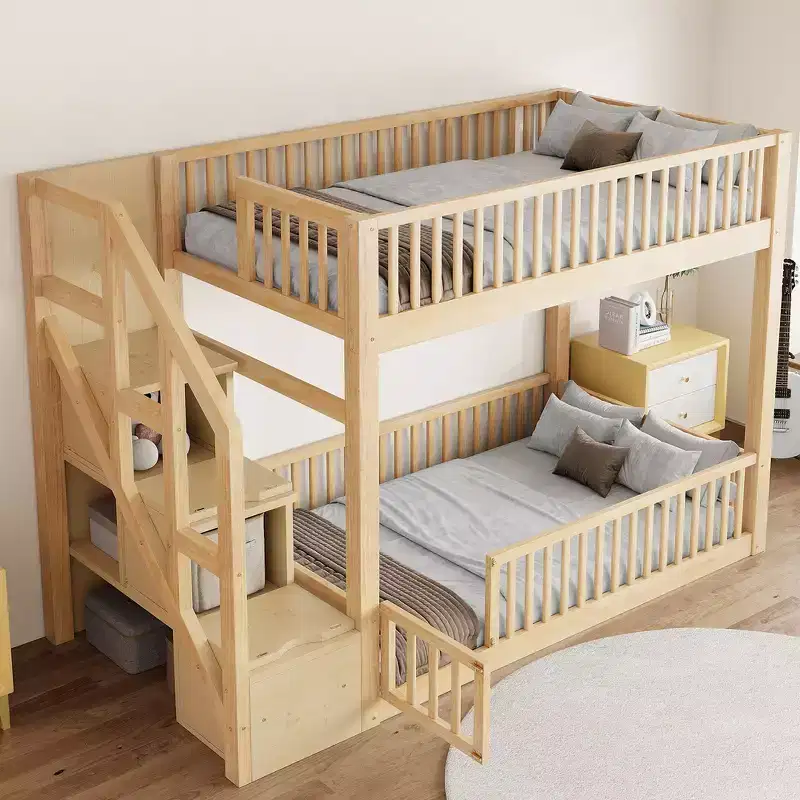 Whisen Twin over Twin Floor Bunk Bed& Bed Frame with Fence-Shaped Guardrails, Ladder with Storage