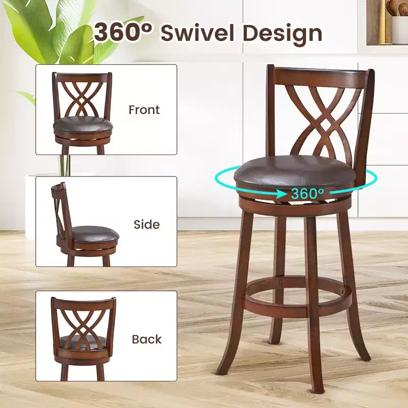Costway Set of 2 Swivel Bar Stools Bar Height Dining Pub Chairs with Rubber Wood Legs
