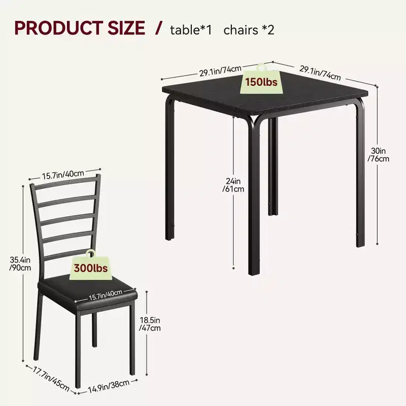 3-Piece Table Chair Set for Small Space,Kitchen Dining Room,Indoor Modern Dinette Set for 2, Square Dinner Table Set for Dinette