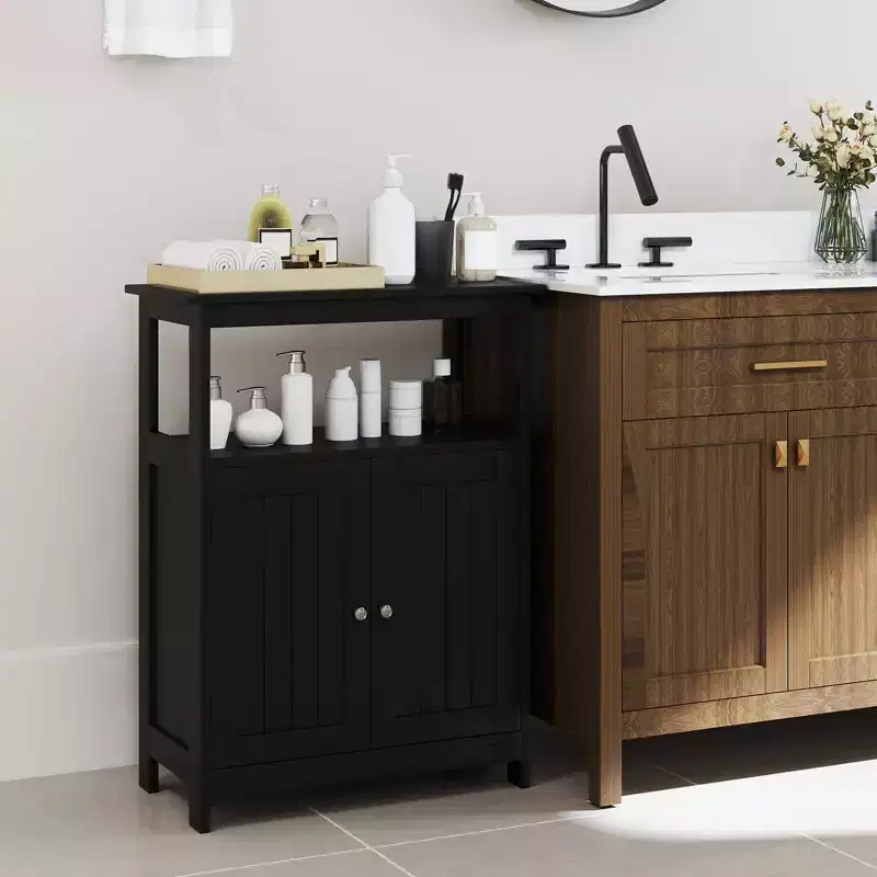 Bathroom Floor Cabinet Freestanding Storage Organizer with 2 Doors Open Compartment Black/White
