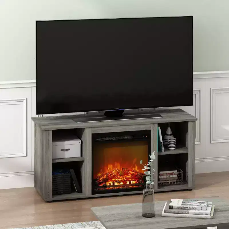 Furinno Fireplace TV Stand Entertainment Center TV Console Cabinet w/Open Storage Shelf for TV up to 55,French Oak Grey
