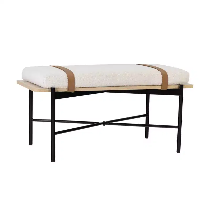 Entryway Bench – Removable Boucle Cushion, Vegan Leather Straps, Curved Edge