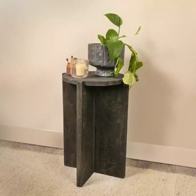 Round Black Paulownia Wood Accent Table – Side Table, Nightstand or Plant Stand