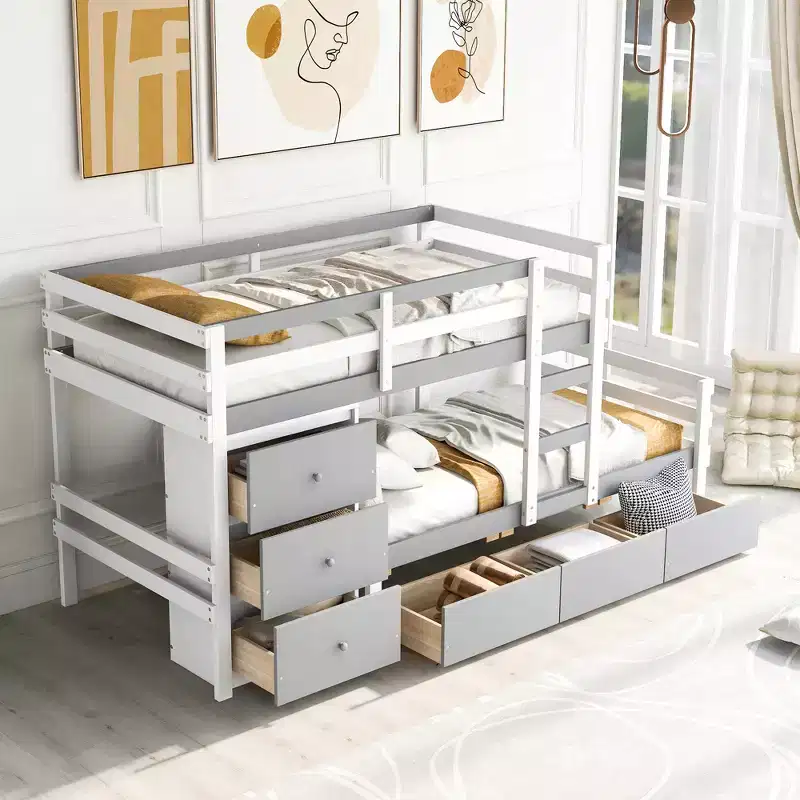 Twin over Twin Wooden Bunk Bed with 6 Drawers and Ladder, Pine and MDF, 300 lb per Bed