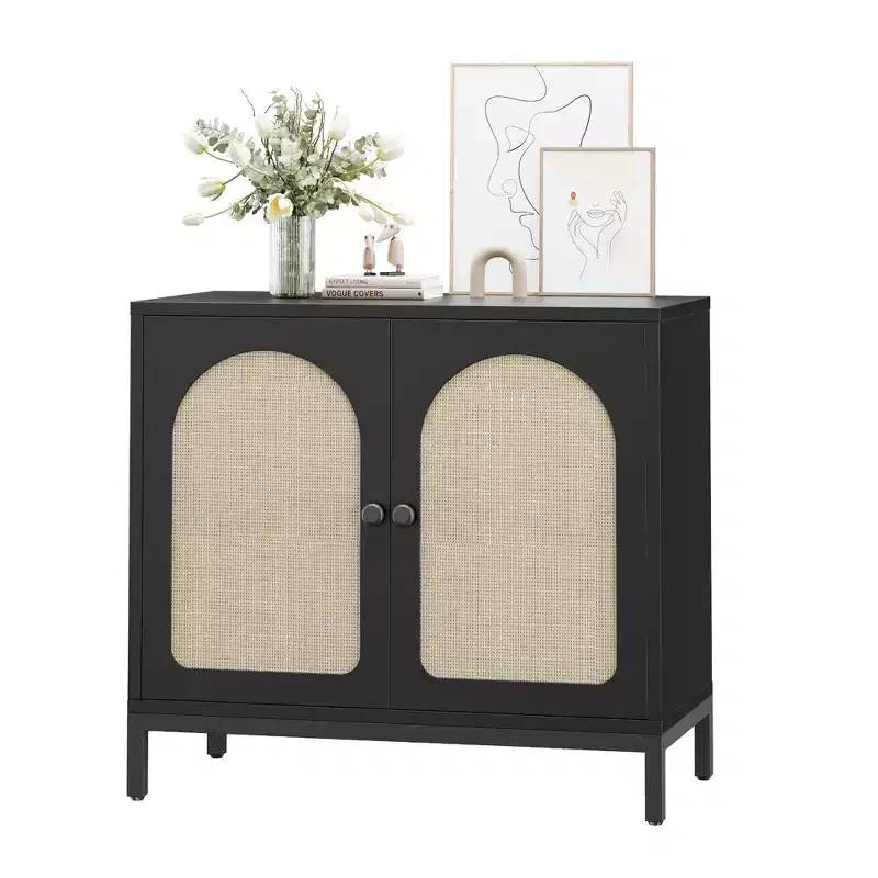 Buffet Cabinet with Storage, Rattan Storage Cabinet with Doors, Adjustable Shelf for Living Room, Hallway