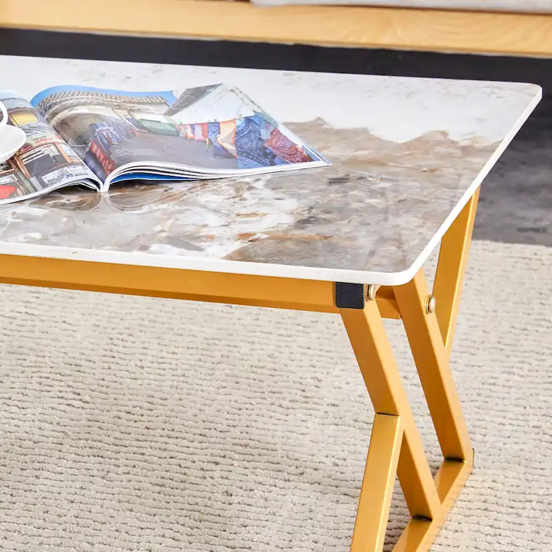47 Modern Rectangular Coffee Table with Sintered Stone Tabletop and X-shaped Metal Legs