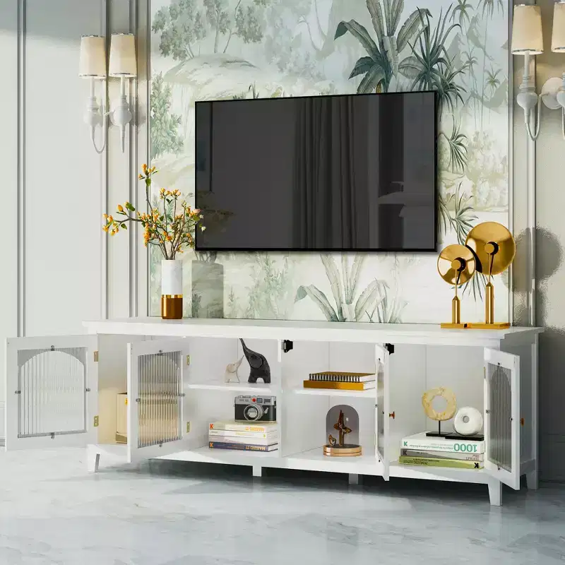 JVNOXK 71-inch Fashion Entertainment Center TV Stand Solid wood frame, tempered glass doors, metal handles, vintage white finish Ideal for children's