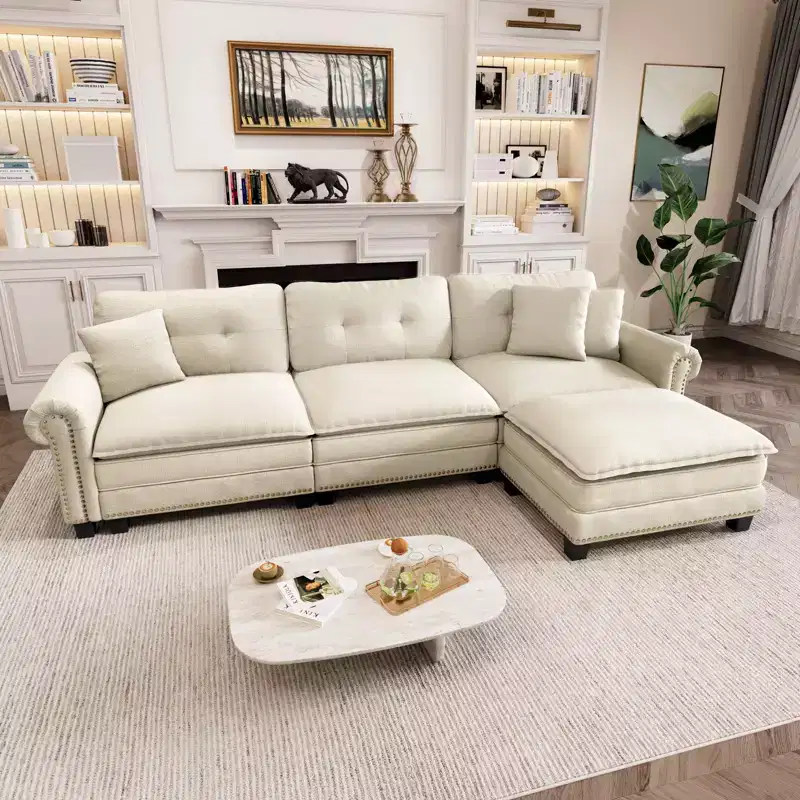 Upholstered Indoor Sofa with Ottoman, Solid Wood Frame, Pocket Spring Seat & Throw Pillows
