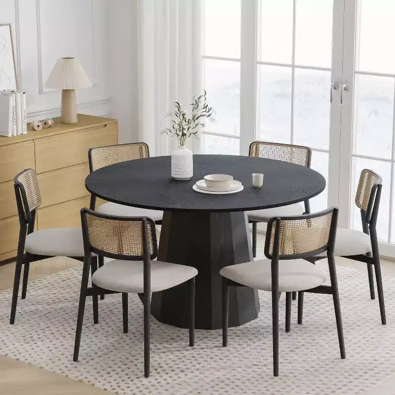 PexFix 52 in.H Solid Wood Round Dining Table Kitchen Table for 4-6 with Tabletop and Tapered Base for Living/Dining Room Coffee Office in Black