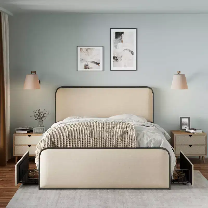 Whisen King Modern Metal Bed Frame with Upholstered Headboard and 4 Drawers - Beige