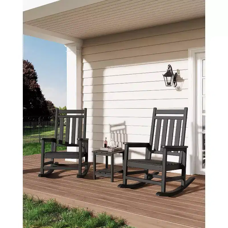 Acekool 1-Piece Outdoor Rocking Chair Set  HDPE Weather-Resistant Adirondack Rockers with Wood Texture, 380 lbs Capacity, Black