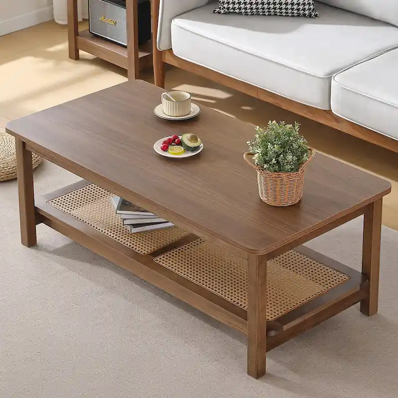 2-Tier Rectangular Coffee Table with Rattan Storage Shelf - 47.2L x 23.6W x 17.7H